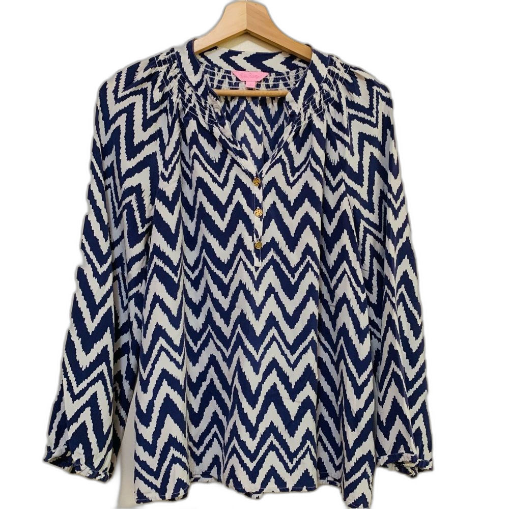 Lilly Pulitzer Navy and White Chevron Elsa Silk Blouse size small
